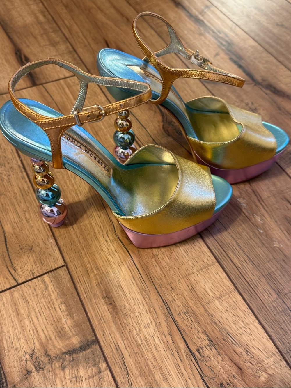Sophia Webster Metallic Gold Multicolor Beaded-Heel Platform Sandals
